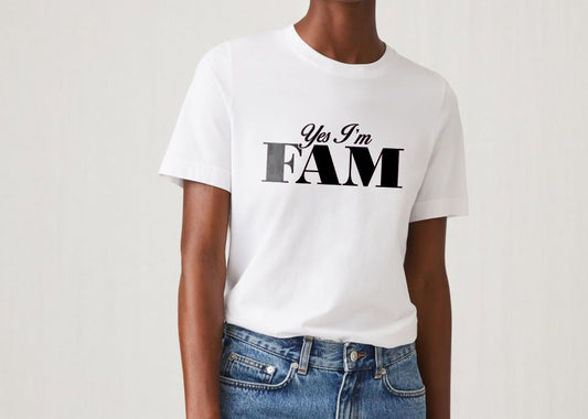 DryBlend® White T-Shirt - Yes I'm Fam Black Font